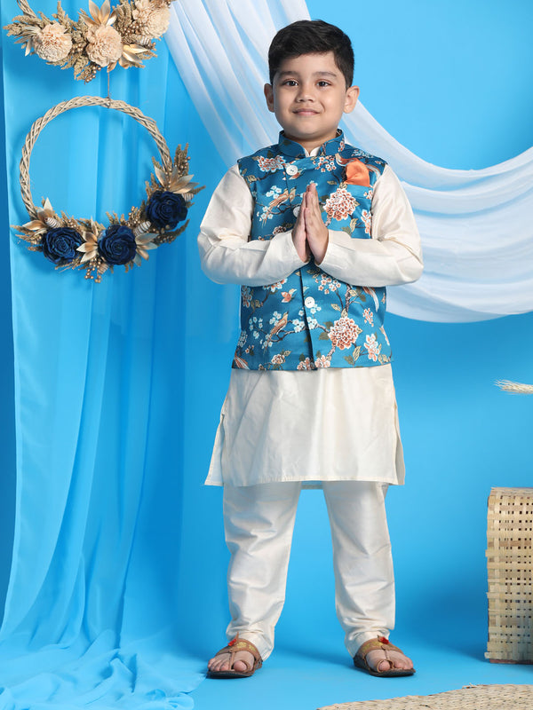 Boy's Turquoise Blue & Green Printed Nehru Jacket With Cream Color Kurta And Pyjama Set